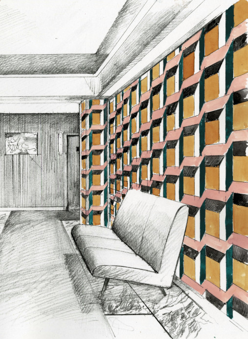 Zoffany Wallpaper Impact Geo - Muddy Amber/ Tuscan Pink/ Huntsman Green